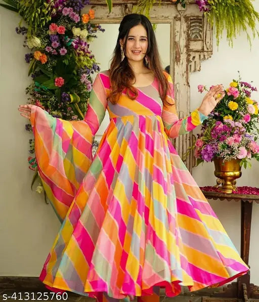 Floral printed Georgette kurti with dupatta set, long sleeves, blue and white, Indian party wear dress