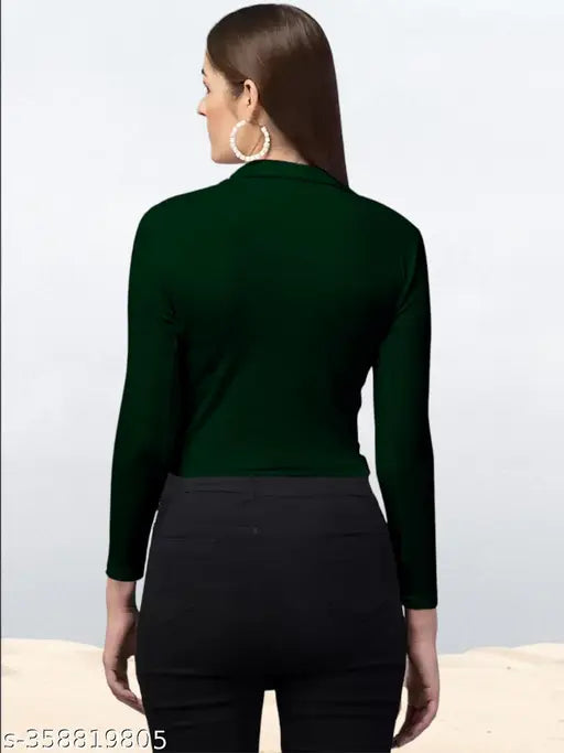 Dark green polyester blend collared V-neck top, long sleeves, stylish and versatile for casual or formal occasions