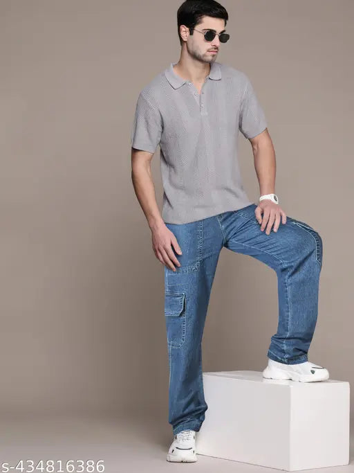 Navy blue Lycra cargo jeans for men by RIGBONE, solid net pattern, regular fit, all-day comfort