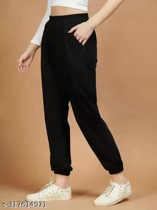 Women's cotton blend solid-color winter joggers with elastic waistband, deep side pockets, ideal for sports, gym, or running