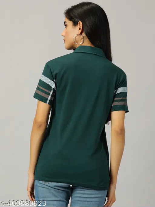 Green cotton blend printed polo t-shirt for women, casual and fashionable
