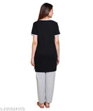 Cotton blend half sleeve night suit for women, self-design flower printed cotton fabric, comfortable and breathable sleepwear with wide round neck, India origin