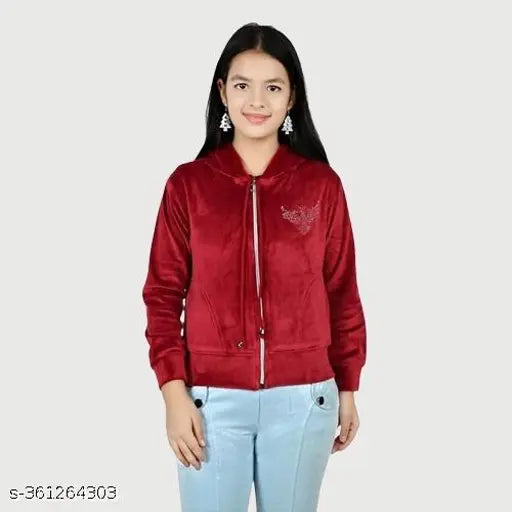 Maroon velvet girls' winter sweatshirt & hoodie with zipper and two pockets, solid pattern for cold weather, India origin