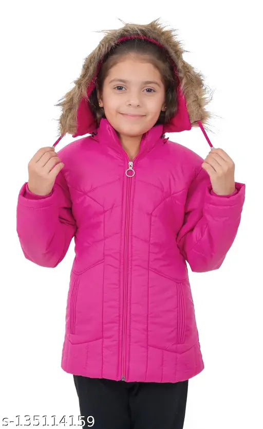 Girl wearing pink coat, zip closure