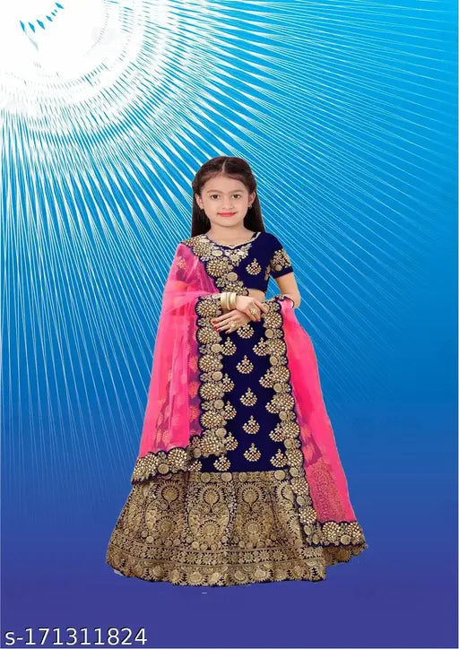 Silk embroidered girls party wear Lehenga Choli, available in various sizes (1-15 years), featuring intricate handwork on soft net fabric. Indian traditional outfit for celebrations and festivities