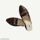 Brown PU mules with gold chain for women's fashionable footwear, versatile and comfortable for casual or night looks