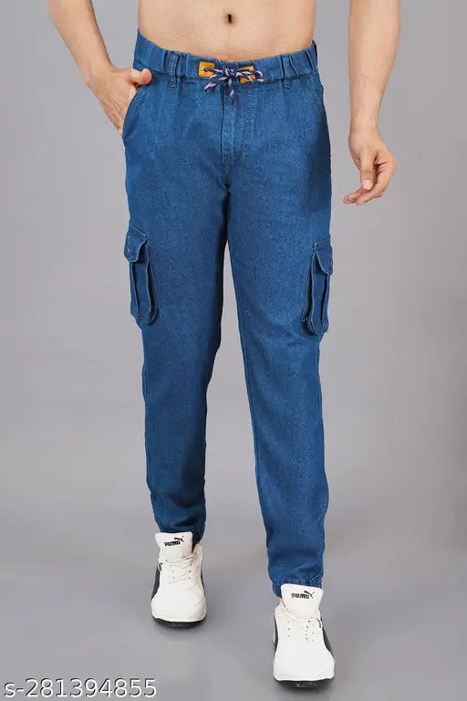 Men's denim cargo joggers - dyed/washed, casual denim pants for men, size 28 (waist 28in, length 39in, hip 36in), made in India