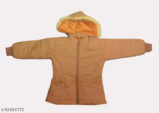 This is an image of a modern, fancy boys jacket, shown in a hooded view. The coat features a camel color with a visible fur lining and appears to have a zip closure at the front. The style of the jacket suggests it could be suitable for winter or colder weather conditions