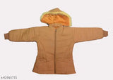This is an image of a modern, fancy boys jacket, shown in a hooded view. The coat features a camel color with a visible fur lining and appears to have a zip closure at the front. The style of the jacket suggests it could be suitable for winter or colder weather conditions