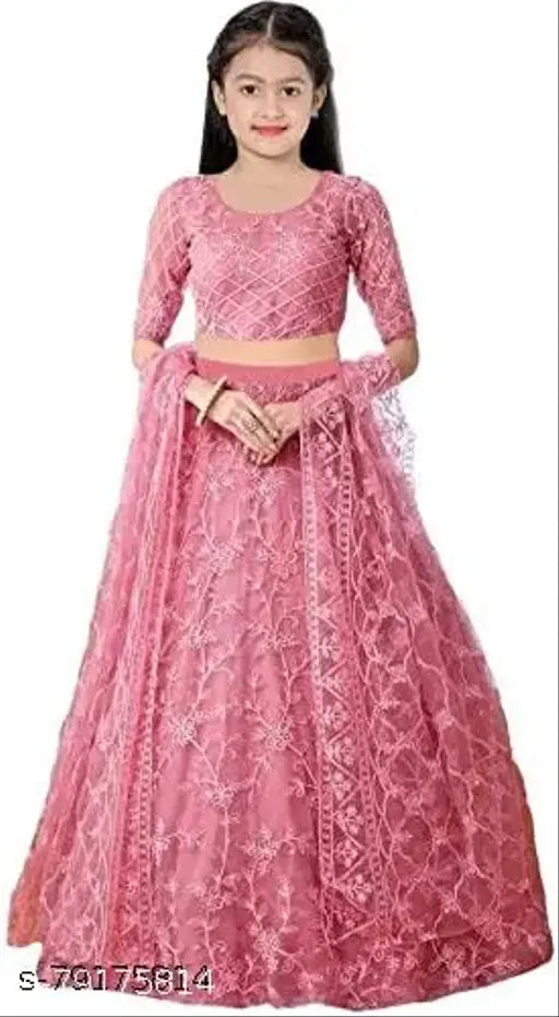 Pink net lehenga and dupatta for kids, embroidered with short sleeves. Indian handcrafted traditional kidswear