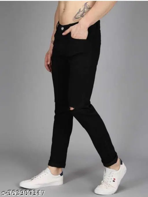 Black denim boys' knee-cut jeans, mid-rise, slim fit, five pockets, stretchable, made in India - size 28, 30, 32