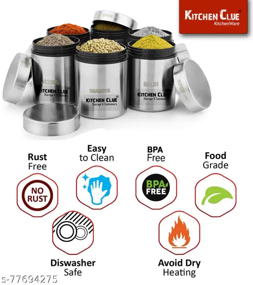Stainless Steel 6-piece Spice Dabba containers for kitchen accessories, airtight lids, dishwasher safe, Indian-made