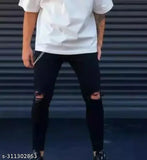 Black cotton blend flaying men's knee-slit jeans, size 28/30/32 on mannequin