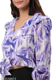 Blue chiffon puff sleeve V-neck top, long sleeves, printed pattern, soft to touch, trendy apparel for women