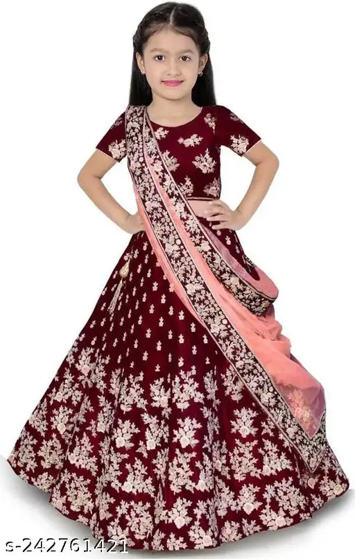 Kids semi-stitched embroidered taffeta silk lahenga choli set with dupatta, short sleeves, 3-16 years sizes