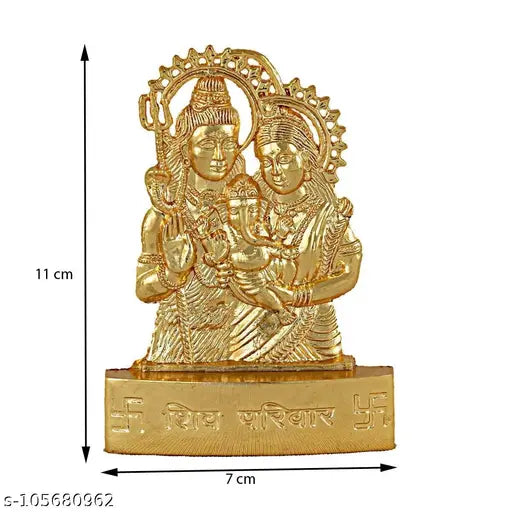 Gold metal statue of Lord Shiva, Parvati and Ganesha for puja