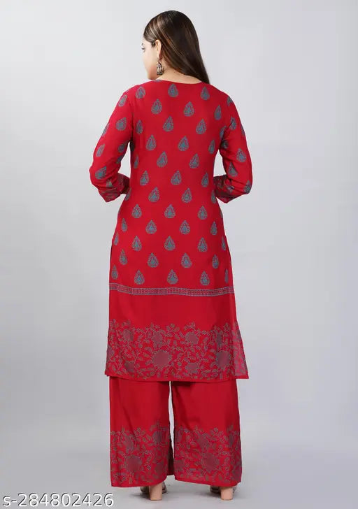 Women's rayon printed A-line Kurta and Palazzo set, perfect for ethnic wear, office, or small occasions, India origin