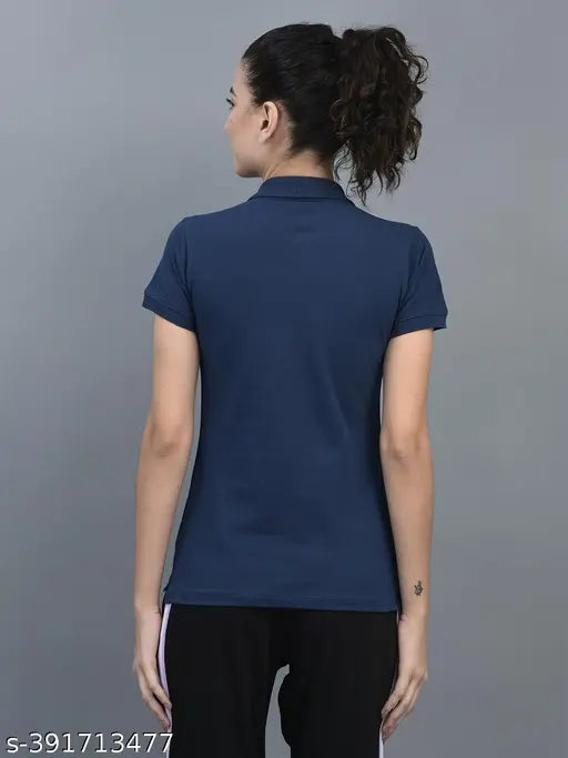 Blue cotton blend Dollar Women's Solid Polo Neck T-shirt, short sleeves, available in S-XXL sizes