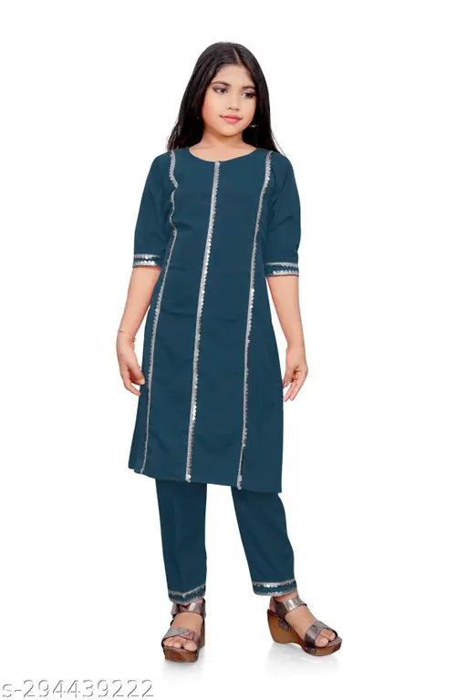 Embellished crepe A-line palazzo kurta set for girls aged 7-16, MORPICHH AARI type lace design
