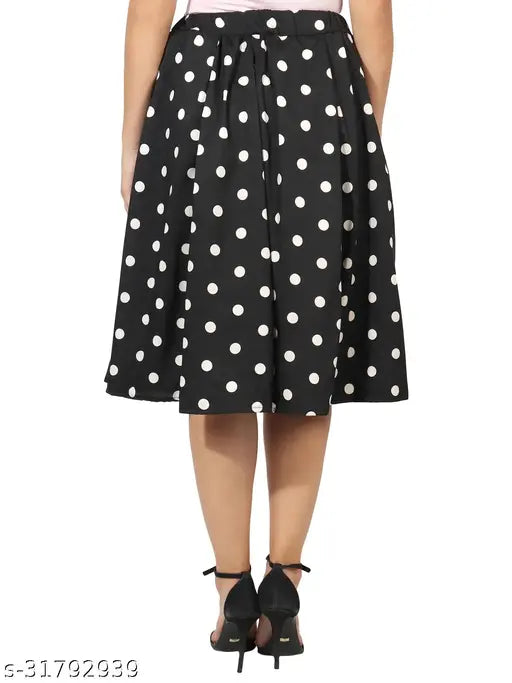 White polka dot skirt on black base, knee length, casual wear
