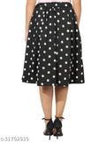 White polka dot skirt on black base, knee length, casual wear