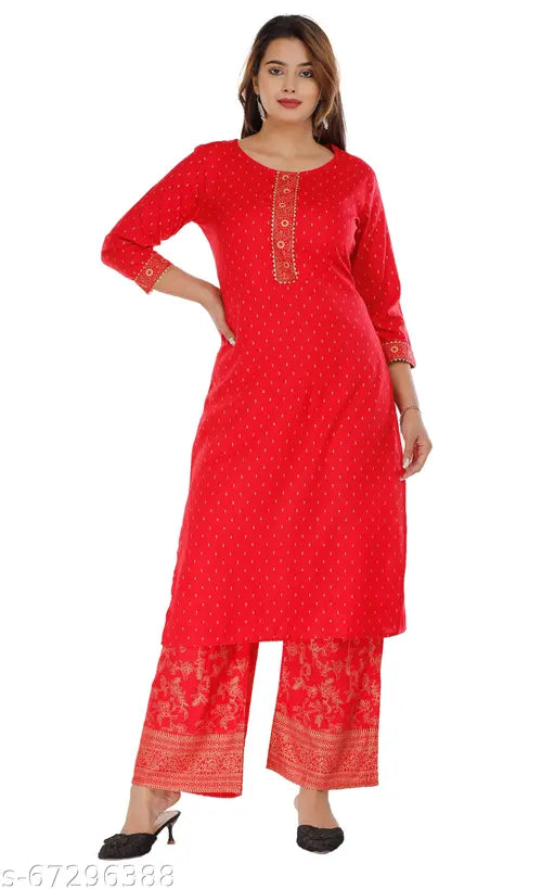 Printed rayon kurta & plazzo set, gold-printed with lace detailing, S-XXL, Indian ethnic wear