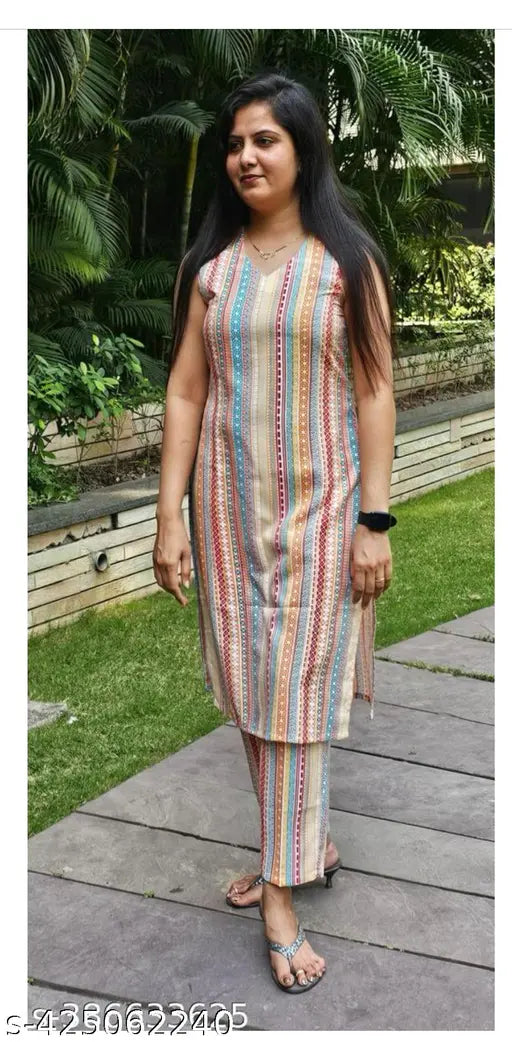 Orange cotton printed women's kurta and palazzo set, sleeveless V-neck striped design, perfect for family functions