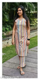 Orange cotton printed women's kurta and palazzo set, sleeveless V-neck striped design, perfect for family functions