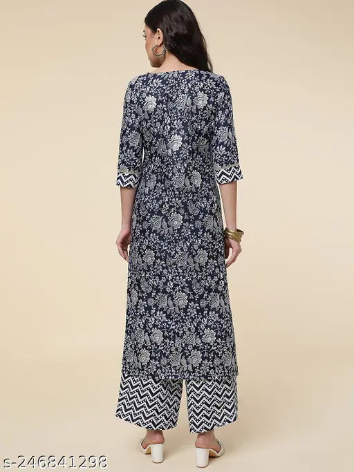 Printed cotton blend kurta and palazzo set, vibrant floral print for summer special, featuring three-quarter sleeves and zig-zag palazzos, available in sizes S-XXL
