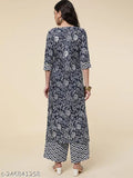 Printed cotton blend kurta and palazzo set, vibrant floral print for summer special, featuring three-quarter sleeves and zig-zag palazzos, available in sizes S-XXL
