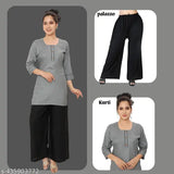 Rayon print kurti and palazzo set, Pack of 2 in various sizes, Indian ethnic wear with three-quarter sleeves