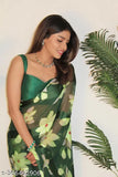 Multicolor Moss Satin Patta Saree with Brocade Unstitched Blouse, Indian ethnic wear in quality cotton silk