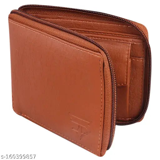 Faux leather/leatherette tan round zip wallet, durable cloth lining, 2 compartments, solid design, free size (12cm x 9cm), made in high-quality PU leather, India origin