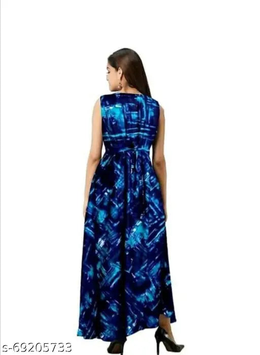 Premium printed rayon sleeveless gown kurti, vibrant Indian design, M (38 in bust) - stylish occasion wear