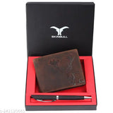 High-quality leather RFID-protected men's wallet & pen combo, solid brown leather, perfect Diwali or Christmas gift