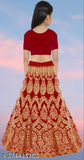 Girls Red Embroidered Satin Lehenga Choli Set with Net Dupatta, traditional Indian wedding attire