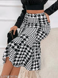 Polycotton houndstooth pencil skirt, casual wear with a printed net pattern, available in multiple sizes from 26-38 inches