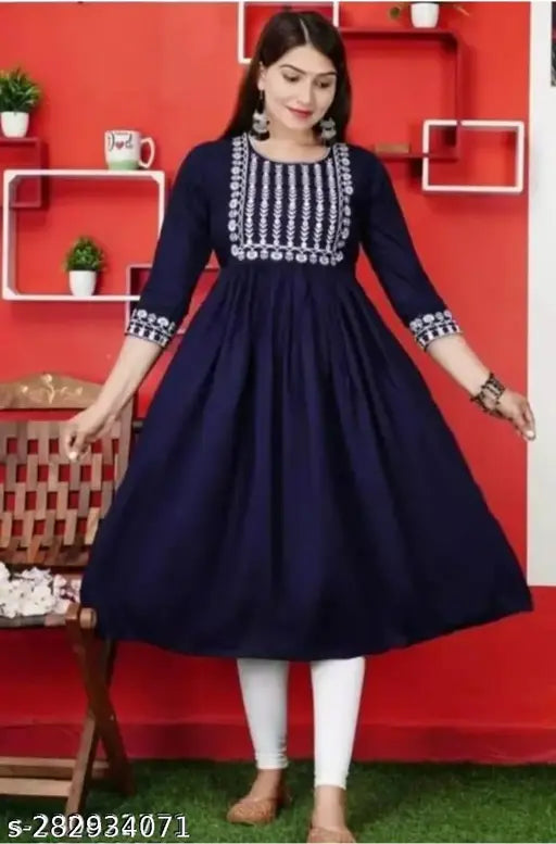 Blue rayon Anarkali embroidery kurti, three-quarter sleeves, XL size (42in bust) for women's partywear