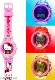 Kids girls digital watch with glowing light, pink color, kitty cartoon design