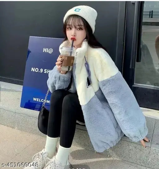 Colorblocked wool jacket for girls, stylish long-sleeved coat in various sizes (S, M, L, XL), India origin