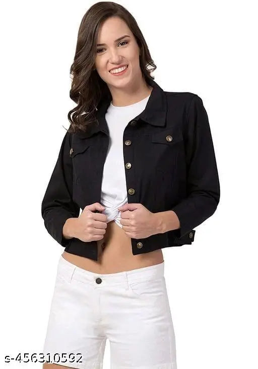 Black denim full sleeve collar neck regular jacket for women, solid design from Feri Craft, India