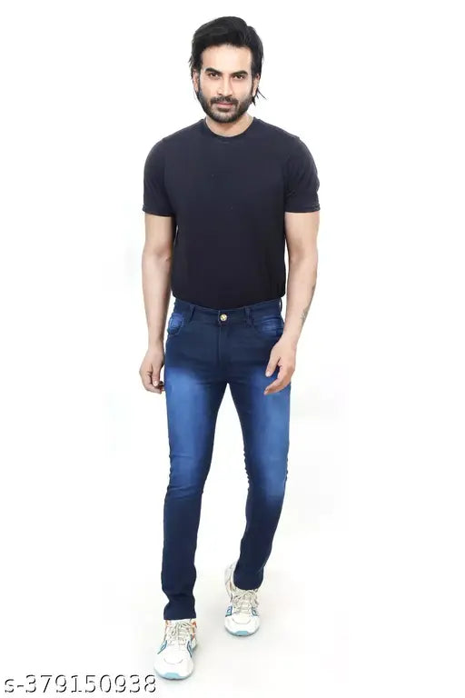 Dark blue denim carrot jeans for men - trendy full-length pant with comfort and fashion-forward design, size 28/30/32/34/36. Made in India." (119 characters)