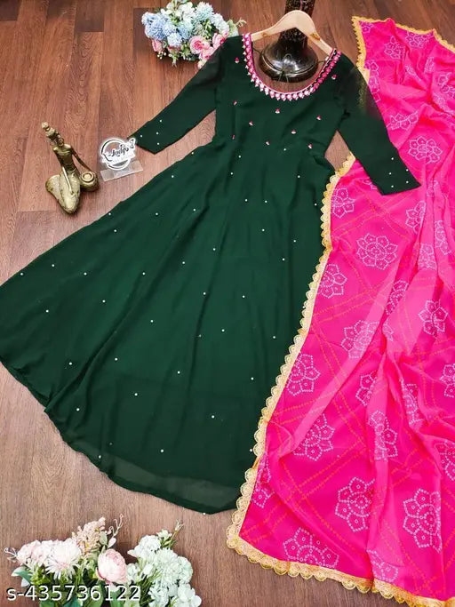 Green bandhni duppata: Embroidered Georgette maxi dress with mirror work, digital print, and four-side lace. Sizes S-XXL