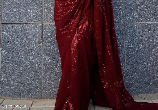 Red georgette fabric with sequin work saree
