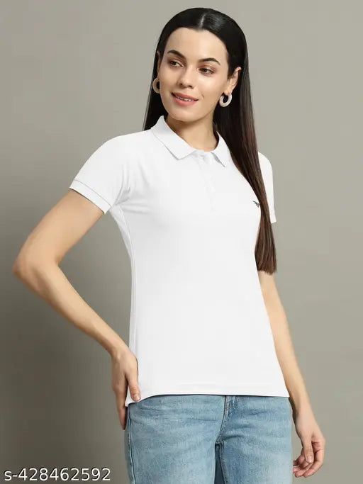 Women Solid Half Sleeves Polo Neck T-shirt