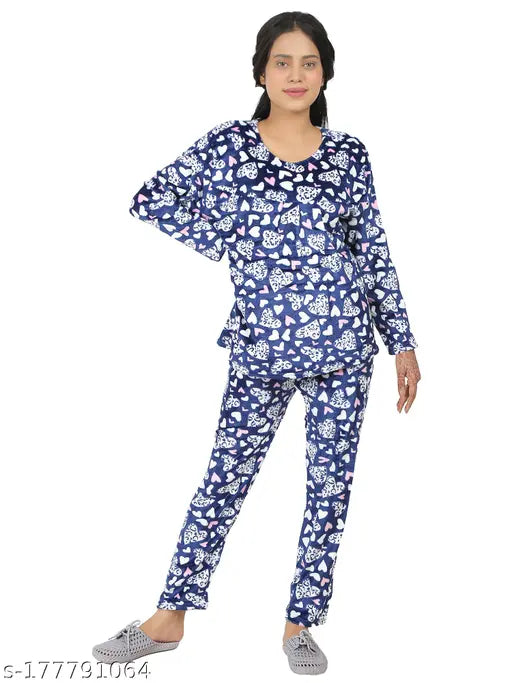 Navy blue velvet Pollo Loco women's lightweight winter heart-printed night suit set with long sleeves. Cozy, wrinkle/shrink-free lounge sleepwear for daily comfort and style. Ideal gift for holidays like Mother's Day or Christmas." (104 characters)