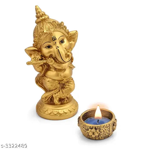 Resin Lord Ganesha with Diya - Golden decorative statue, ideal for home or gift, 6cmL x 15cmH x 6cmW, India origin
