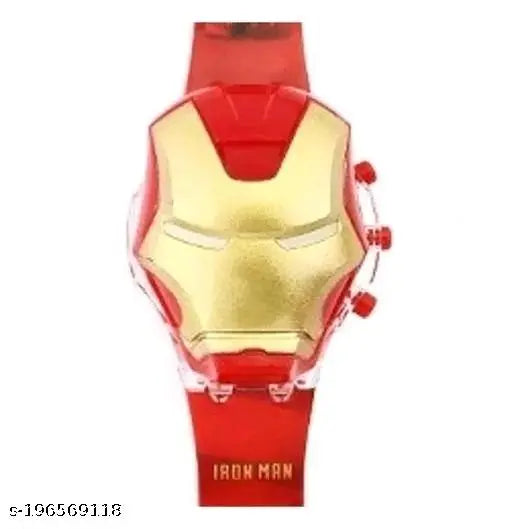 Kids' Iron Man watch with music and light system, features adjustable strap and colorful LED lighting