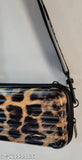 Women's crossbody mini suitcase sling bag with multiple pockets, in a black and gold leopard print fabric. Zipper closure
