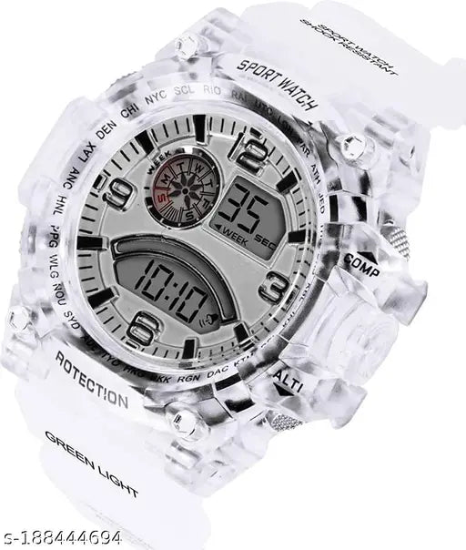 White digital watch with transparent case, shockproof construction, automatic movement, and colorful dial, featuring white strap and water resistance for sporty and casual wear